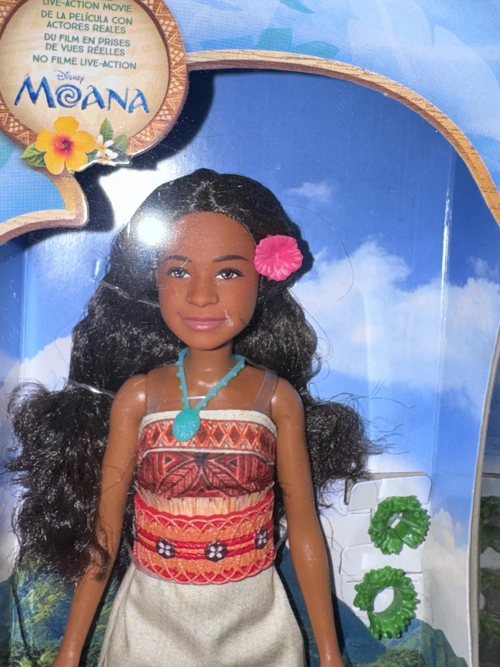 Disney Moana Doll with Pink Flower and Teal Necklace